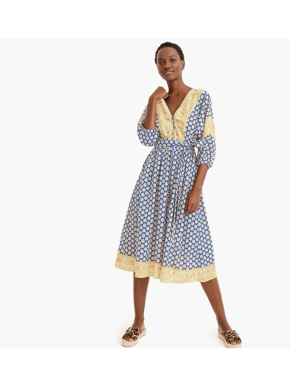 J. Crew Blue and Yellow Print V-Neck Midi Dress